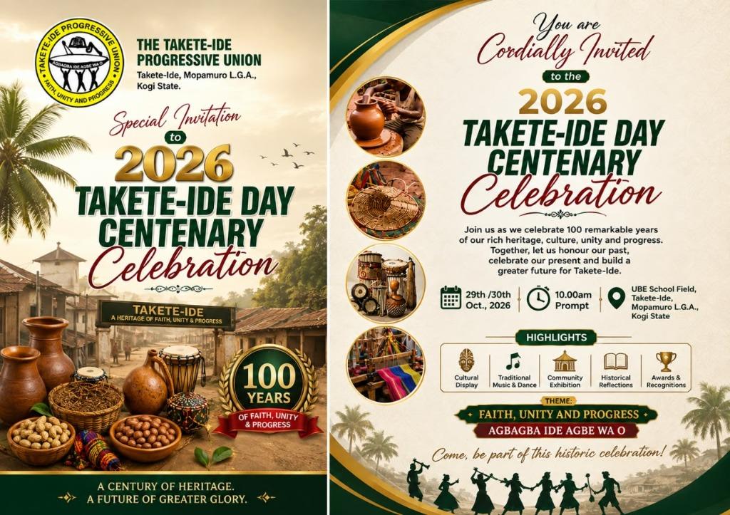 Official invitation artwork announcing the Takete-Ide Day Centenary Celebration 2026, including event schedule, theme, dignitaries and RSVP contacts